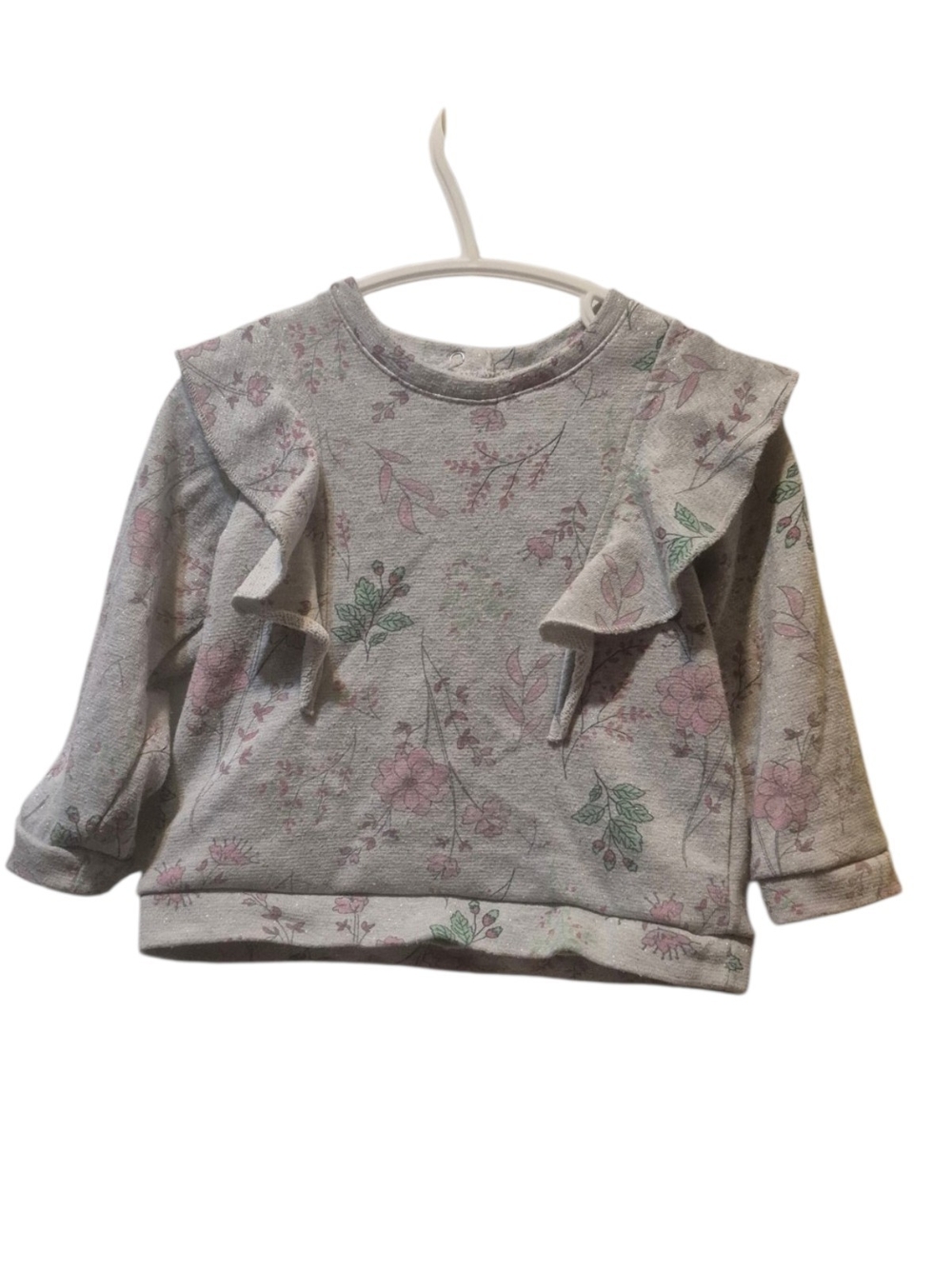 Girls Floral Ruffle Sweatshirt - Gray & Pink